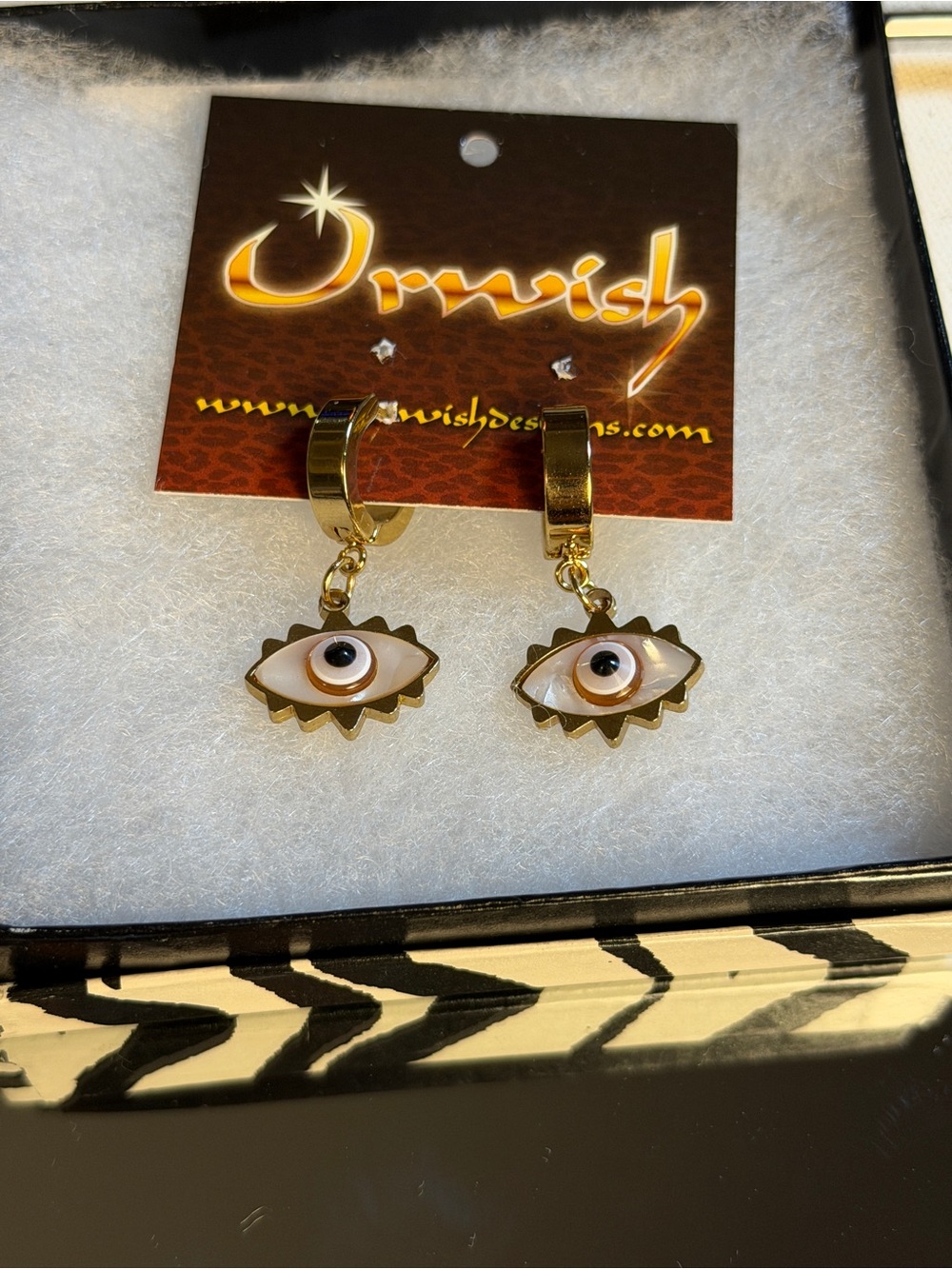 Gold Evil Eye Drop Hoop Earrings - White & Gold - Picture 4 of 4